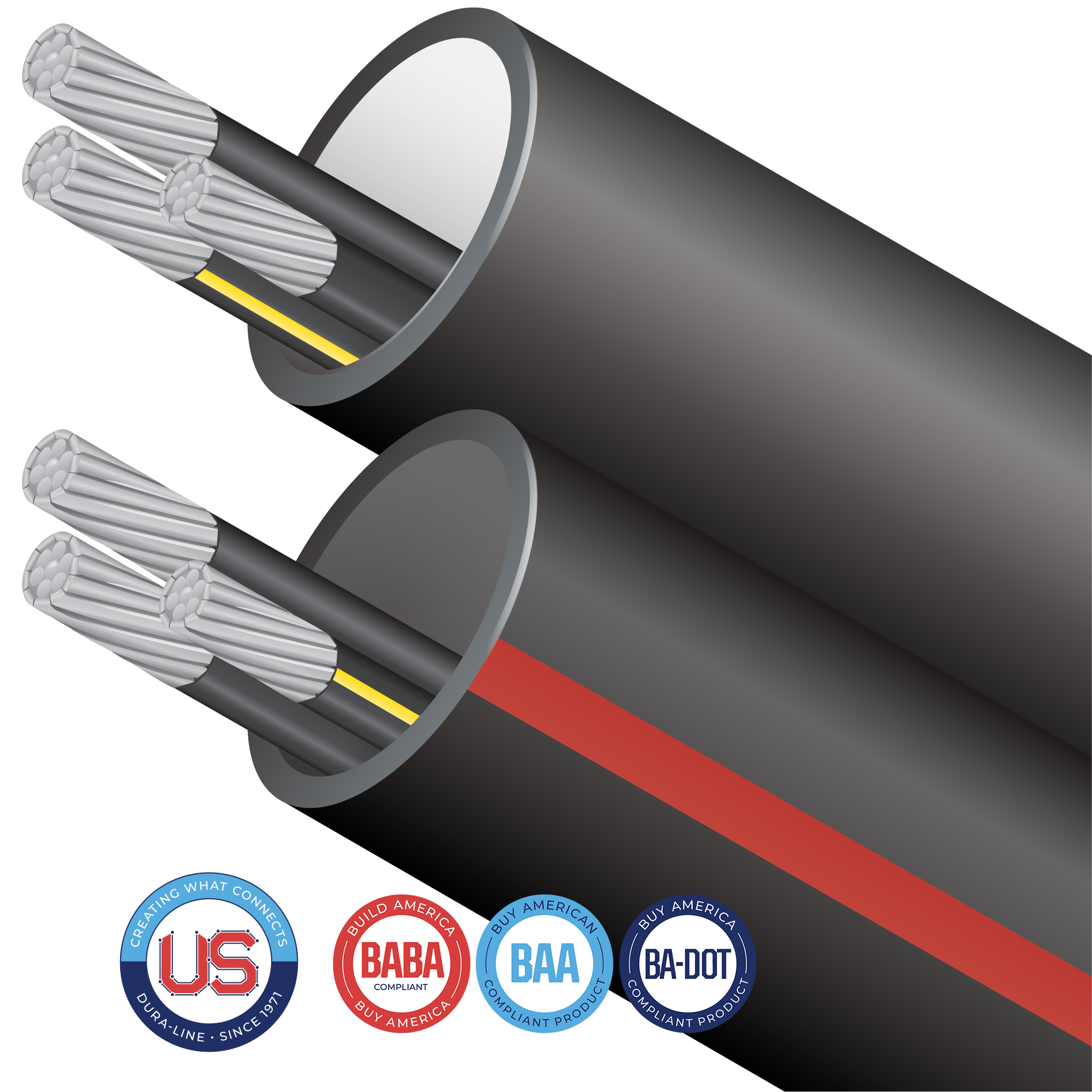 With Cable-in-Conduit (CIC), your choice of cable is factory pre-installed allowing for one-step placement of conduit and cable. We offer an extensive portfolio of US-made conduit products and accessories that conform with several domestic preference standards, including Buy America (BAA), Build America, Buy America (BABA), and DOT Buy American requirements. Any products including a locate wire or preinstalled cables, will need to be specifically evaluated. FIre Retardant Resins may also require additional evaluation to meet program guidelines. Please contact your Dura-Line representative for more information.