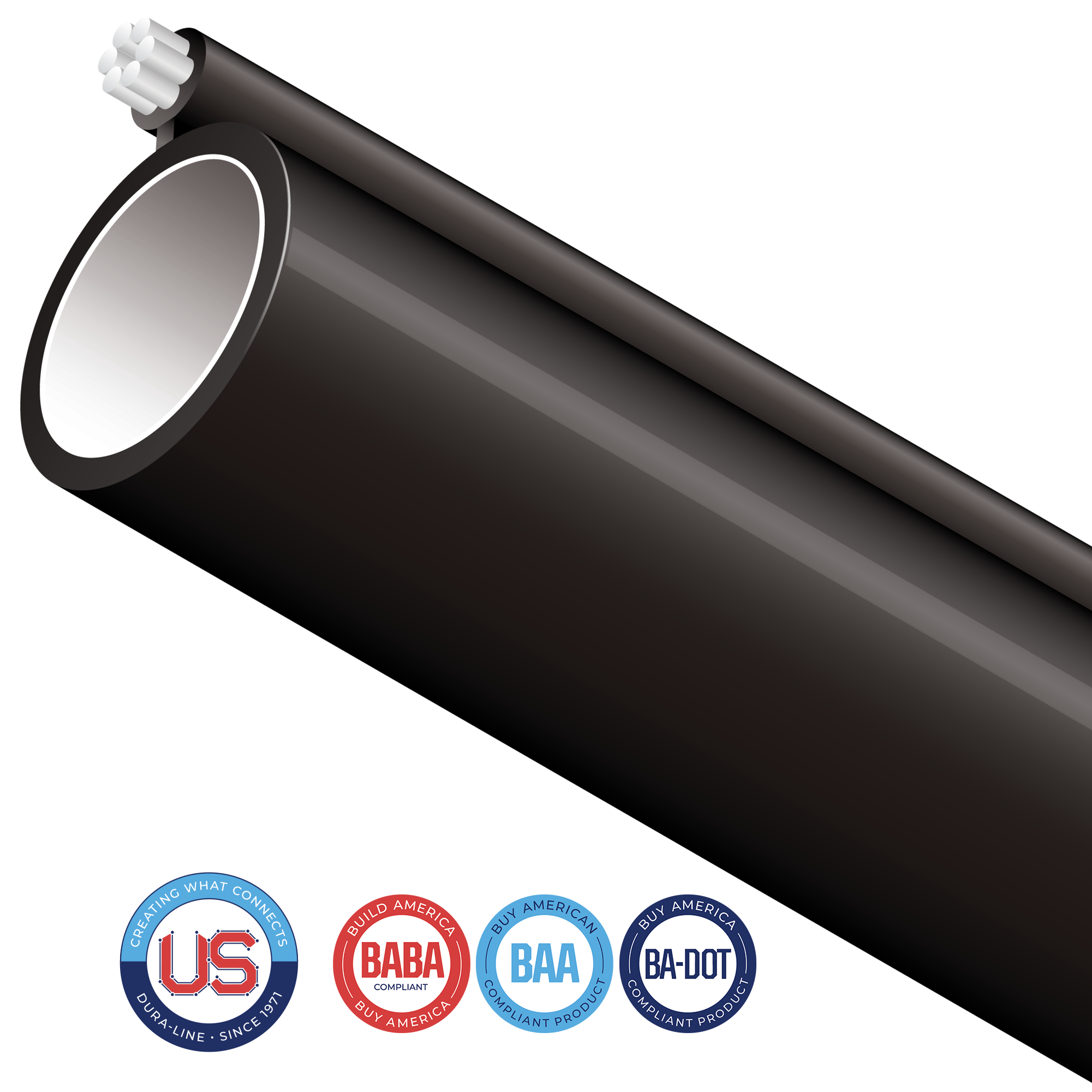 Standard Figure-8 aerial conduit is designed with an Extra High Strength (EHS) flooded galvanized support strand for one-step aerial placement. The conduit is manufactured with carbon black and antioxidants for maximum UV protection. Figure-8 can be installed with standard aerial installation practices. We offer an extensive portfolio of US-made conduit products and accessories that conform with several domestic preference standards, including Buy America (BAA), Build America, Buy America (BABA), and DOT Buy American requirements. Any products including a locate wire or preinstalled cables, will need to be specifically evaluated. FIre Retardant Resins may also require additional evaluation to meet program guidelines. Please contact your Dura-Line representative for more information.
