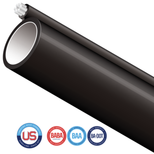 Standard Figure-8 aerial conduit is designed with an Extra High Strength (EHS) flooded galvanized support strand for one-step aerial placement. The conduit is manufactured with carbon black and antioxidants for maximum UV protection. Figure-8 can be installed with standard aerial installation practices. We offer an extensive portfolio of US-made conduit products and accessories that conform with several domestic preference standards, including Buy America (BAA), Build America, Buy America (BABA), and DOT Buy American requirements. Any products including a locate wire or preinstalled cables, will need to be specifically evaluated. FIre Retardant Resins may also require additional evaluation to meet program guidelines. Please contact your Dura-Line representative for more information.