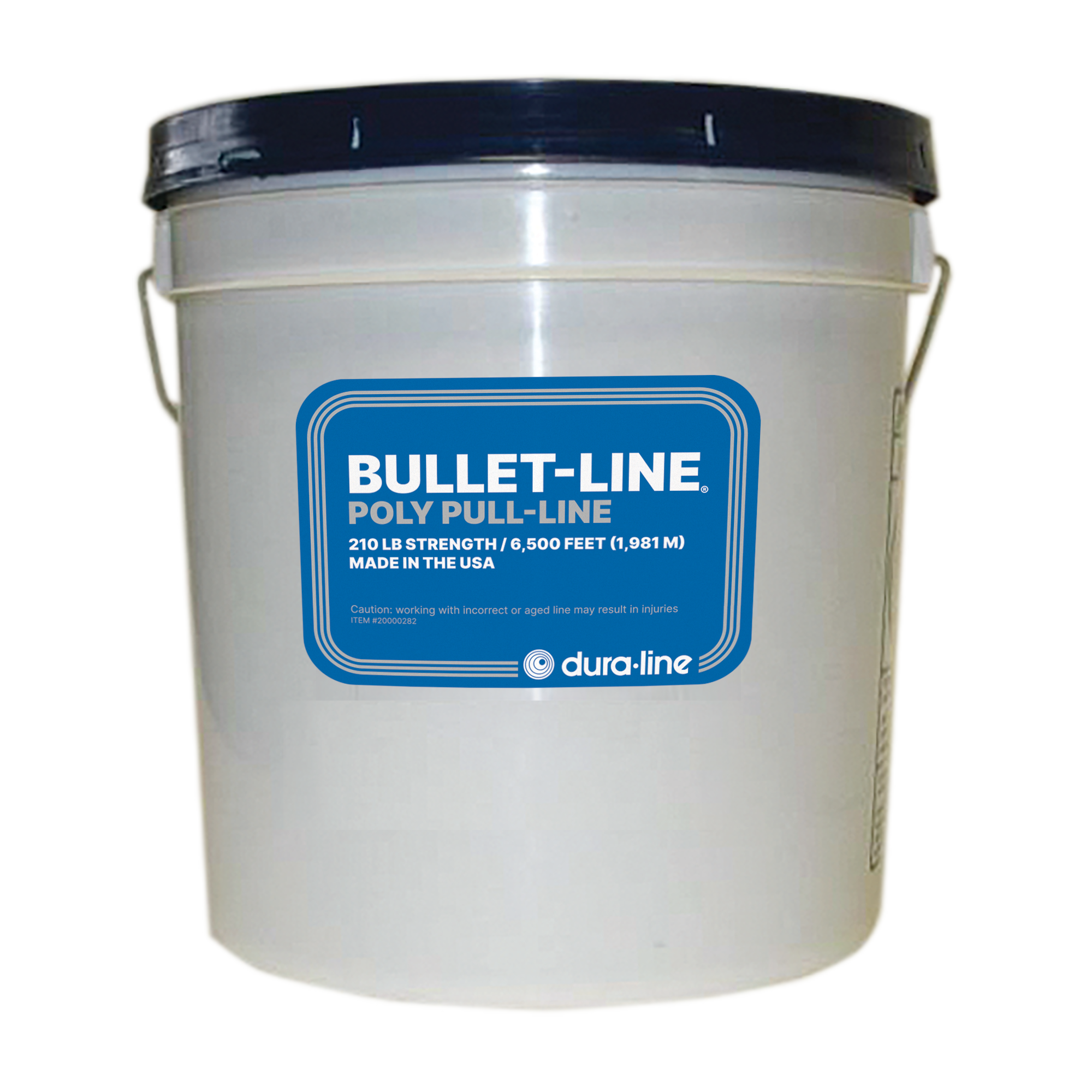 Bullet-Line® is a light poly line used in blowing and pulling applications. The line is rated at 210 lbs. breaking strength and is contained in a plastic dispenser pail. Each pail contains 6,500’ (1,981m) of line.